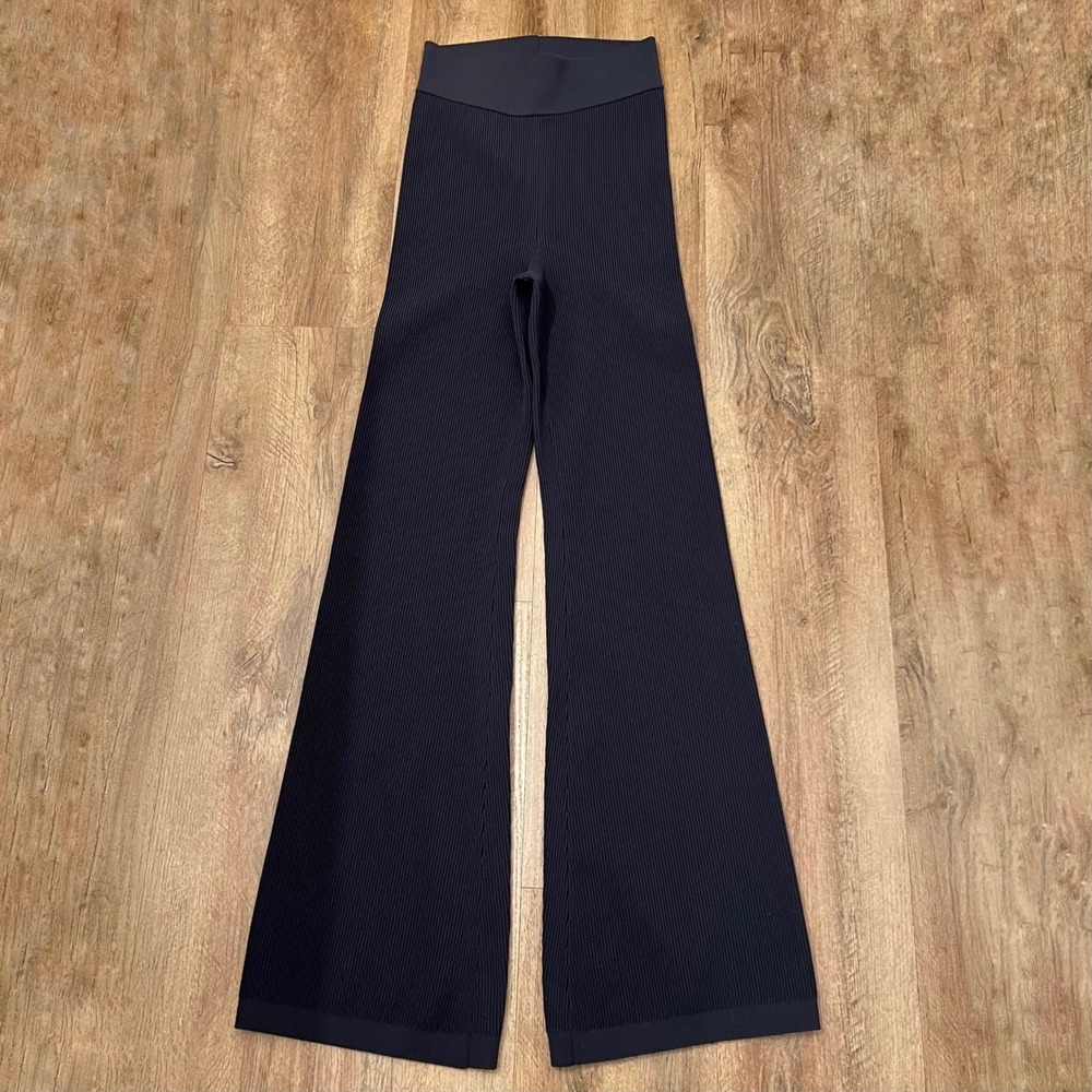 BYLT Premium Basics Women Black Ribbed Knit High Waisted Wide Leg Flare Pants
